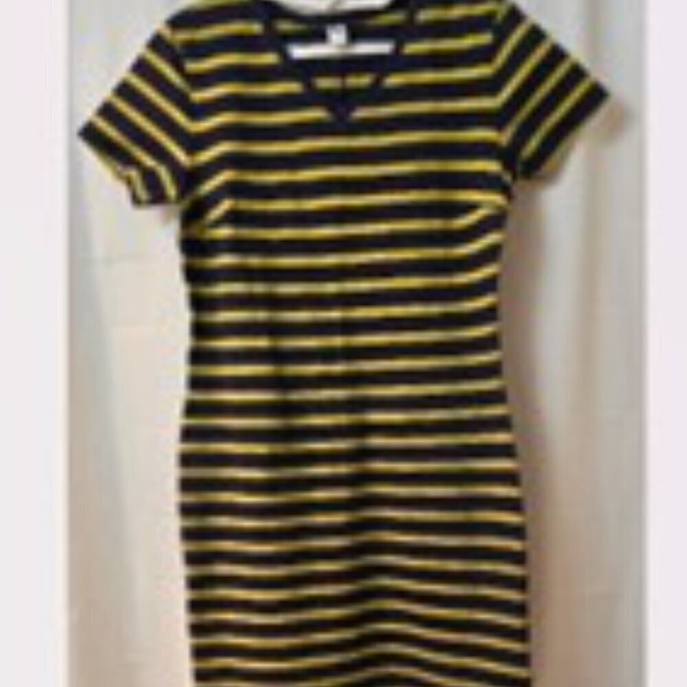 Old Navy Women Dress Bodycon V Neck Knit Blue Yellow Striped Short Sleeve Size L